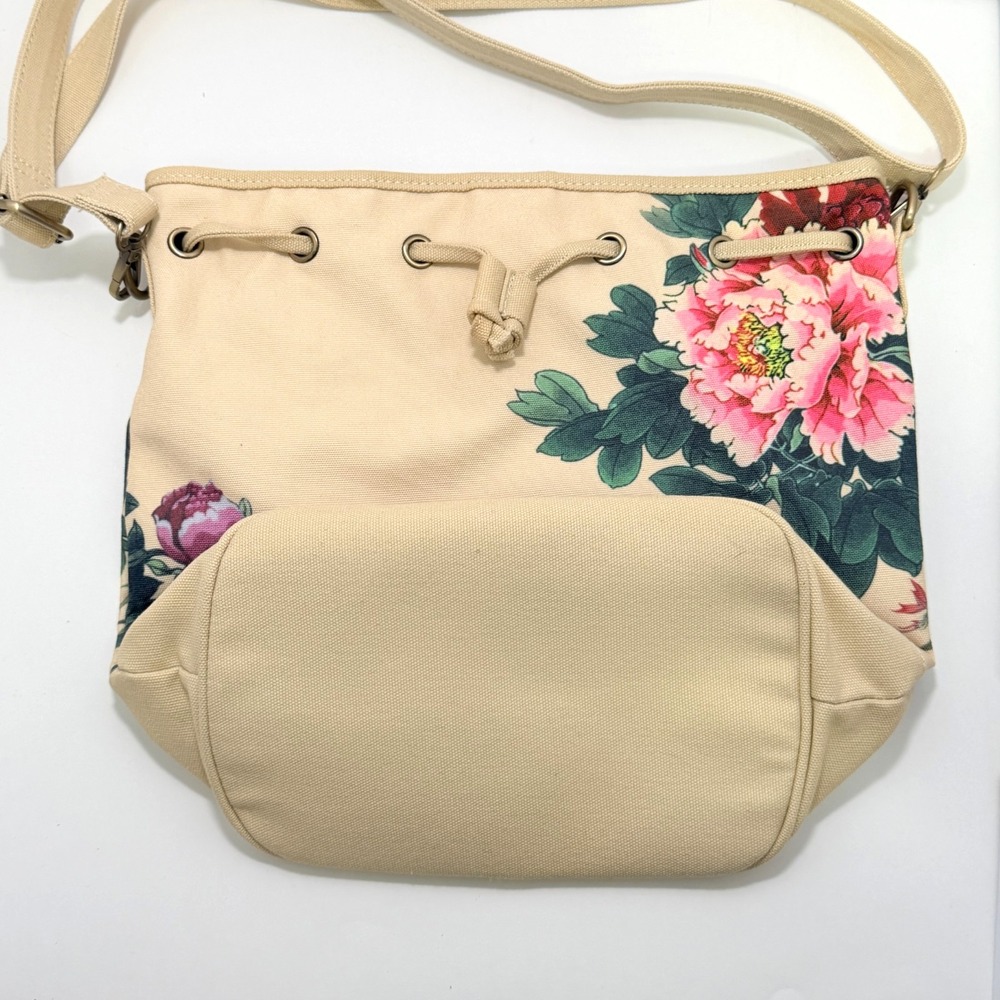 VTG ToGoGo Canvas Bucket Bag Floral Print Convertible Straps Cream Medium